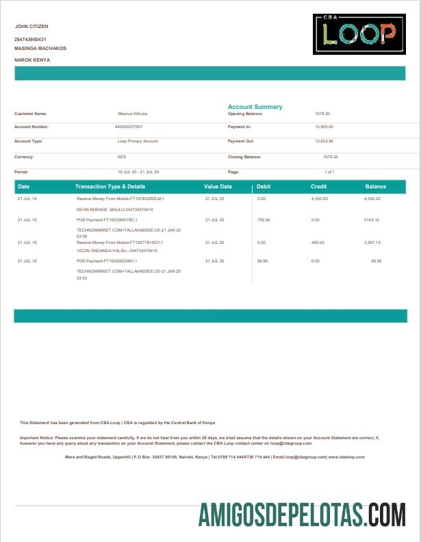 Extrato bancário do Kenya Loop em branco modelo Word e PDF.1